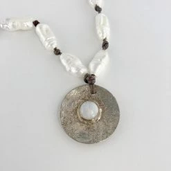 Silver & Sage Necklace: Pearls On Leather W/Moonstone Disc Jewelry
