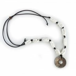 Silver & Sage Necklace: Pearls On Leather W/Moonstone Disc Jewelry